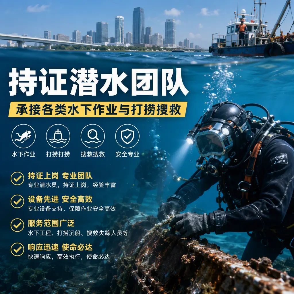 持证潜水团队，承接各类水下作业与打捞搜救抚宁